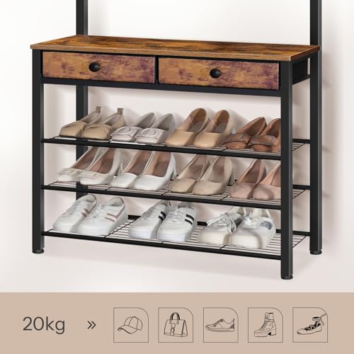 HOOBRO Hall Tree, Entryway Coat and Shoe Rack, 2 Fabric Drawers, Hall Tree with Bench, Shoe and Coat Rack, Coat Rack with Shoe Storage, 4 Tier Shoes Organizer, 9 Hooks, Rustic Brown and Black BF81MT01 by HOOBRO - Image 6