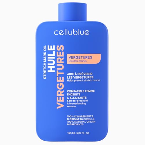 Huile Vergetures Cellublue – 5 huiles 100% naturelles – Idéale grossesse et variations de poids – Anti-vergetures, Cicatrices, Peau Sèche – Hydrate et...