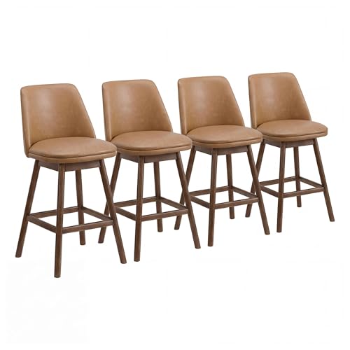 Image of ROME + OAK Set of 4 Rowan 26 Inch Swivel Counter Height Stool in Walnut Finish with Brown Vegan Leather Upholstery Seat - Kitchen or Dining Room Furniture