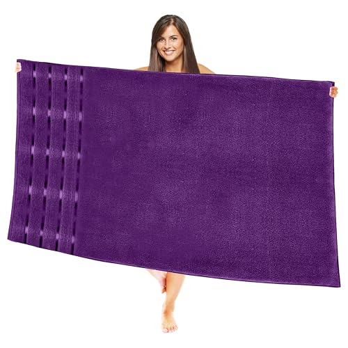 Image of Elegant Comfort 100% Turkish Cotton 4 Lines Viscose Stripe Jumbo Bath Towel - Hotel Spa Quality Extra Large 35 x 70 Inch Bath Towel Ultra Soft, Super Absorbent Quick Dry Large Bath Towel, Purple