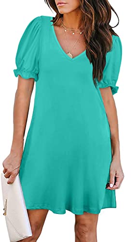 Aloodor Summer Dresses for Women Puff Sleeve V-Neck Casual Shift Dress Blue Green M