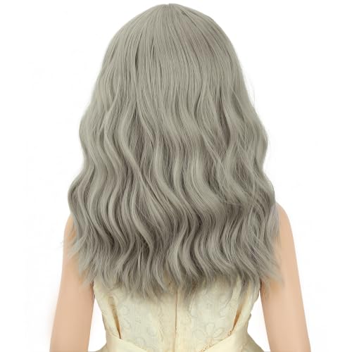 Image of Grey Wig Short Grey Wavy Curly Wigs Wig with Air Bangs Synthetic Cosplay Hair Wigs