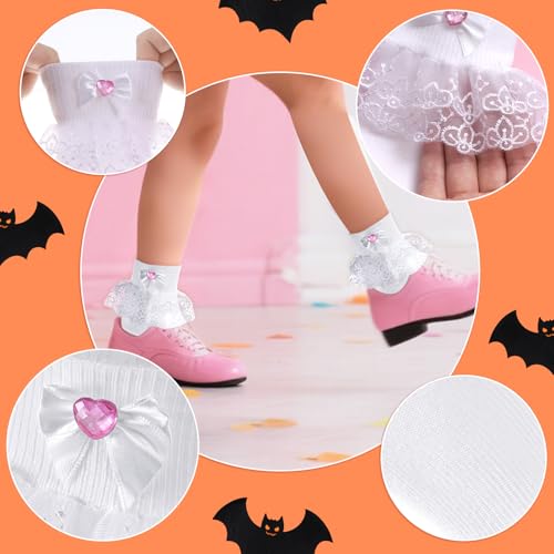 2 Pack Girls Ruffle Lace Socks Novel Pink Heart Rhinestone Frilly Socks for Toddler Little Girls Dress3