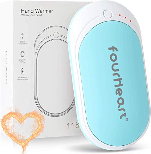 Four Heart Calentadores de Manos Bolsillo USB Recargables 5200mAh, Banco de Energía Power Bank léctrico de Reutilizable para Esquiar, Acampar, Caminar (Azul)