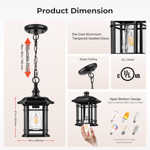 Image of Gleamz Dusk to Dawn Outdoor Pendant Lights for Porch, Black Hanging Exterior Light, Outside Chandelier with Adjustable Chain, Outdoor Hanging Lights for House, Doorway, Easy Installation, 1 Pack