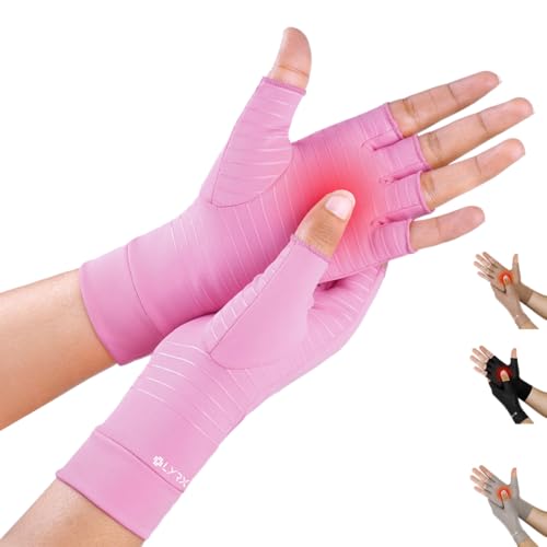 LYRX Arthritis Gloves - Copper Infused Compression Fingerless Glove for Women Men - Arthritis Carpal Tunnel Pain Relief Glove (Pink, Medium)