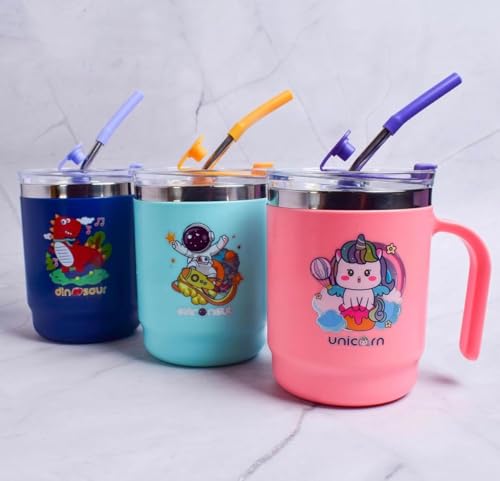 Image of Astronaut Insulated Mug with Lid and Straw, Stainless Steel, Blue, 12.5 x 11.5 cm, with Handle
