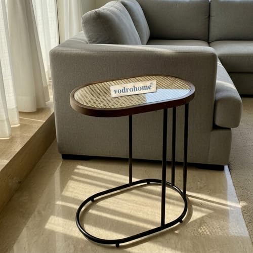 Image of Charcoal Rattan Cane Side Table with Glass top - Bohemian Solid Mango Wood Cane Iron Sofa Side end Table - Wood and Cane Nesting Table S#047 (Honey 1)