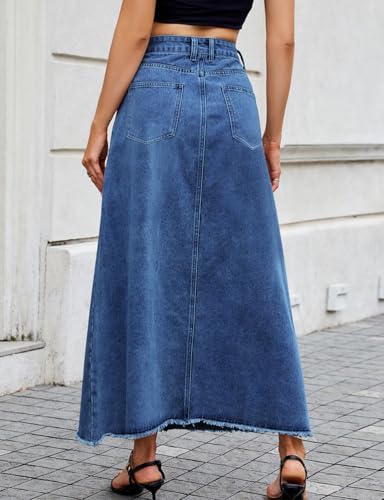 Long Denim Skirts for Women Trendy High Waisted A-Line Casual Flare Frayed Vintage Jean Maxi Skirt4