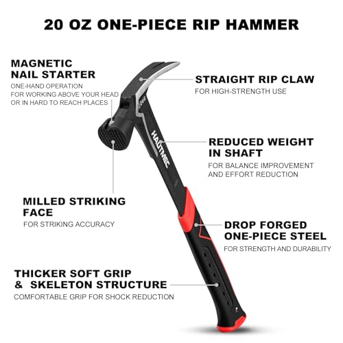 HAUTMEC 20 oz. One Piece Forged Framing Hammer with Straight Rip Claw, Milled Face, Shock-Absorbing Grip, with Magnetic Nail Holder, HT0371-HM - Image 4