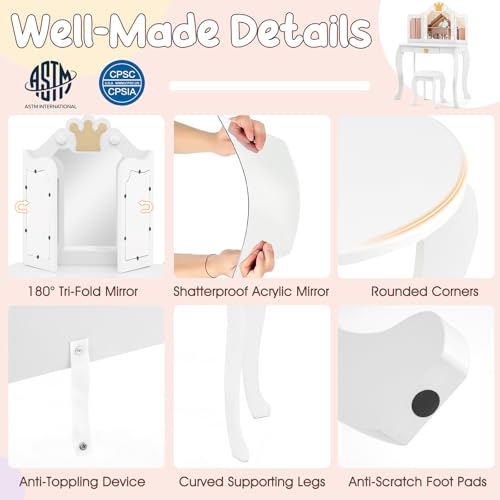 Image of KOTEK Kids Vanity with Lights, Crown Girls Vanity Set w /Tri-Folding Mirror, Detachable Top, Stool & Drawer, Wooden Toddler Makeup Desk, Pretend Play Kids Vanity Table and Chair Set (Classic White)