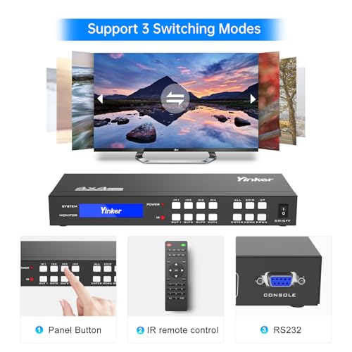 Yinker 4K HDMI Matrix Switch 4x4, 4K@30Hz HDMI Matrix Switcher Splitter 4 in 4 Out with Backlit Button, Support HDCP EDID Management RS232 Control