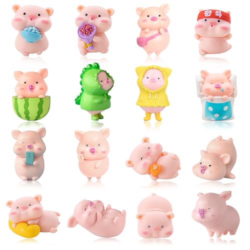 HTTDSLF 16 Pcs Mini Cute Pig Figurines Set, Miniature Resin Miniature Figurines Farm Animals Figures Toys, Cake Toppers Cake Decoration for Garden Home Desk Party Decorations, Gift for Kids Toddlers