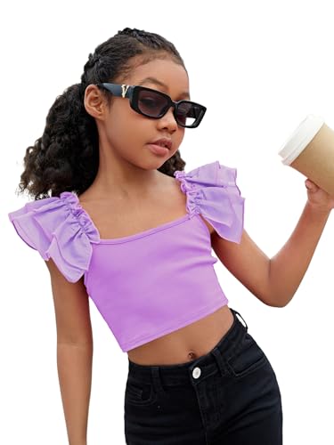 Image of WDIRARA Girl's Ruffle Trim Bow Back Tiered Layer Square Neck Wide Strap Slim Fit Crop Cami Top