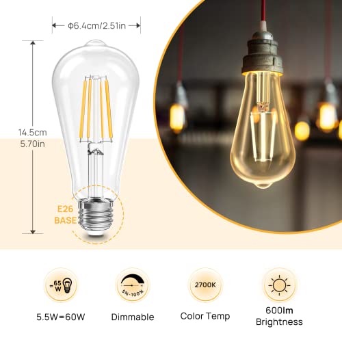 Linkind Dimmable Edison Light Bulbs, E26 Vintage Edison Led Light Bulbs 60W Equivalent St19 (St64) Led Filament Antique Style Light Bulbs, 5.5W 600Lm, 2700K Soft White Clear Glass Light Bulbs, 6Pcs #TOP1
