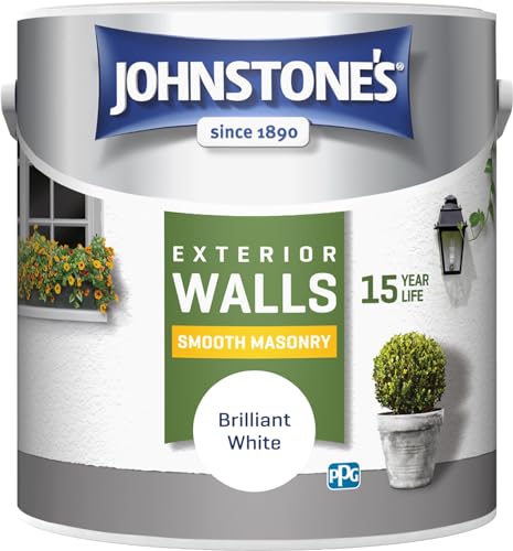 Johnstone’s, Exterior Smooth Masonry Paint, Brilliant White, Up to 15 Years Protection, Weather & Dirt Resistant, 30m² Coverage Per Tin, Dry in 1-2 Hours, 2.5L
