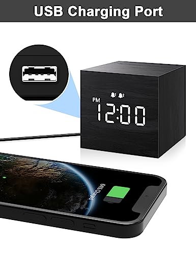 Image of JALL Digital Alarm Clock, with Wooden Electronic LED Time Display, 3 Alarm, 2.5-inch Cubic Small Mini Wood Made Electric Clocks for Bedroom, Bedside, Desk, Black