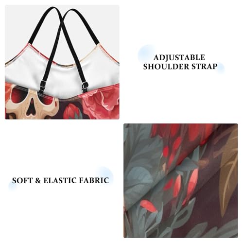 Girl Bathing Suits Beach Apparel 3-10 Y with Adjustable Shoulder Strap, Funny Skulls Red Flowers3