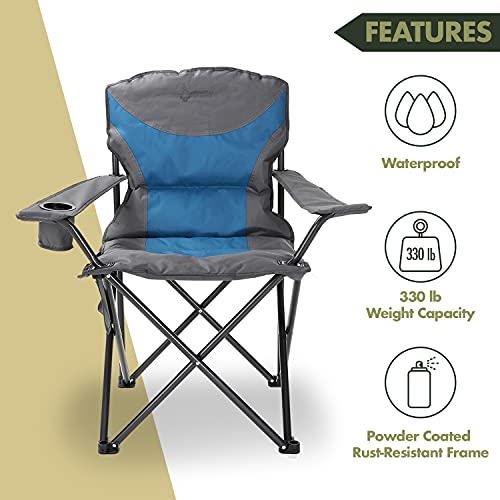 Arrowhead Outdoor Portable Folding Camping Quad Chair W/Added Ultra-Comfortable Padding, Cup-Holder, Heavy-Duty Carrying Bag, Padded Armrests, Supports Up To 330Lbs, Usa-Based Support (Blue & Gray) #TOP2