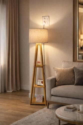 Image of Wooden Floor Lamp with Storage Rack, Linen Fabric Shade, Standing Light for Bedroom, Living Room, Indoor Decorative Use