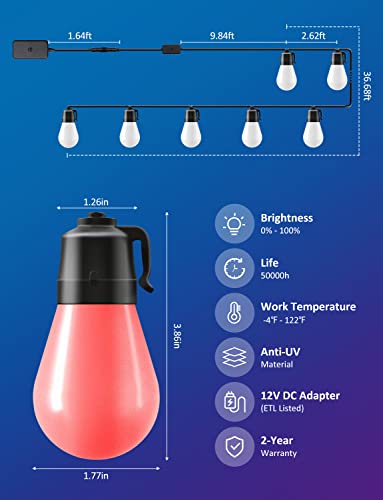 Zuukoo Light Smart Outdoor String Lights, 48Ft Rgb Patio Lights With 15 Dimmable Led Bulbs, App Control, Ip67 Waterproof, Timer, Warm White Lights And Music Sync For Balcony, Backyard, Party #TOP5