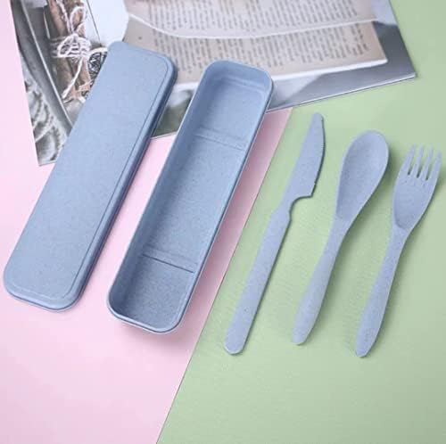 Travel Cutlery Set with Case, Reusable Cutlery Set Plastic Cutlery Set Plastic Forks Spoon Tableware, Portable Camping Cutlery Set for Adult Kids Travel Picnic Camping or Daily Use (Beige Blue)