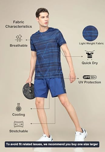 Image of TECHNOSPORT Men's Polyester Slim Fit All Over Print Crew Neck Half Sleeve T-Shirt with Technocool+,SPF50+ and Quick Dry
