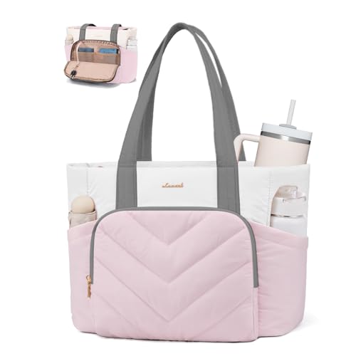 Image of LOVEVOOK Puffer Tote Bag for Women, V-Quilted Puffy Teacher Tote Nurse Bag, Large Shoulder Laptop Purse for Work Travel Gym