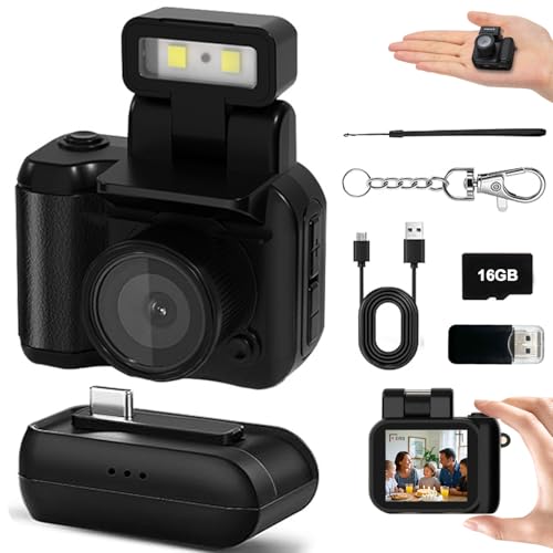 Mini Retro Video Camera Digital, Mini Keychain Camera with Sd Card, Portable Tiny Nostalgic Digital Camera, 1080p Hd with Led Flash Light (Black 16GB)