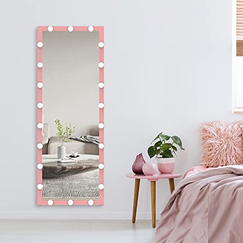 Anyhi 63"X23" Full Length Mirror With Lights, Bedroom Full Body Mirror With Lights, Tall Standing Floor Mirror With 22 Dimming Led Bulbs, Smart Touch & 3 Color Modes, Wall Mounted/Standing (Pink) #TOP16