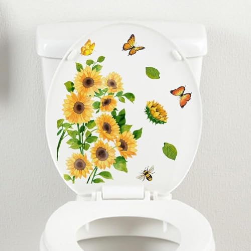 Yellow Sunflower Butterfly Bathroom Toilet Sticker Self-Adhesive Waterproof PVC Wall Murals Floral Lid Decals Stickers Home Art Decor DIY Removable Waterproof Toilets Sticker,Toilet Accessories