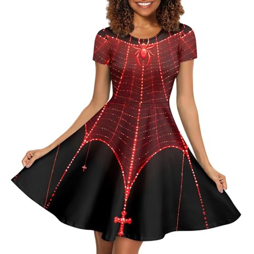 Image of POLERO Women Puffy Swing Elegant Party Midi Dresses Short Sleeve Round Neck A-Line Dress