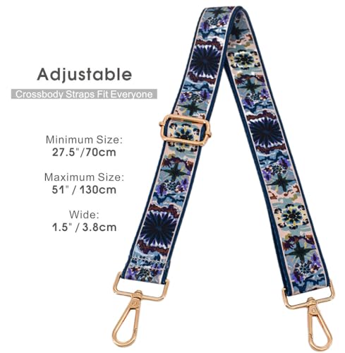 Image of Replacement Purse Strap Shoulder Strap Adjustable Crossbody Strap for Women Crossbody Wide Shoulder Bag, Blue Flowers-gold Hardware, 1.5 inches (width)