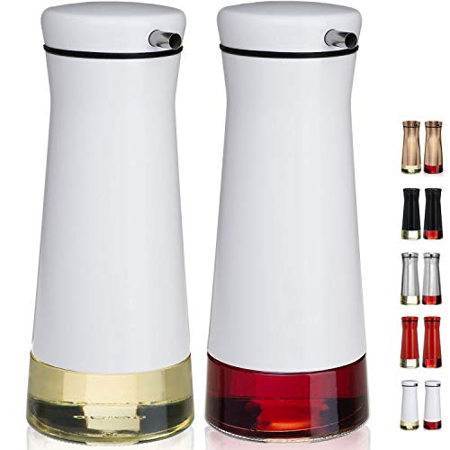 CHEFVANTAGE Olive Oil and Vinegar Cruet Dispenser Set with Elegant Glass Bottle and Drip Free Design - White