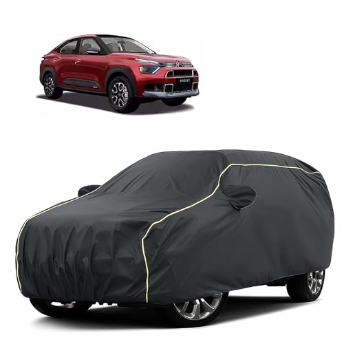 Image of Sulfar 100% Water Resistant Car Body Cover Compatible with Mirror for CITROEN Basalt (Triple Stitched, Full Bottom Elastic, Dark Grey Tafetta with Yellow Piping)