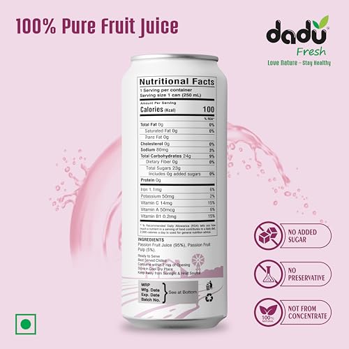 Image of Dadu Fresh Passion Fruit Juice | Pure Natural Juice | Not from Concentrate | No Added Sugar | No Preservatives or Artificial Flavors | Naturally Refreshing | 250ml (Pack of 4)