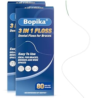 Bopika Dental Floss for Braces, 3 in 1 Ultimate Floss, Floss Threaders for Bridges and Implants, 80 Pre-Cut Strands (Pack of 2)