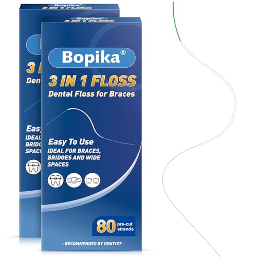 Bopika Filo interdentale per parentesi graffe, 3 in 1 Ultimate Floss, infila filo interdentale per ponti e impianti, 80 fili pretagliati (confezione da 2)