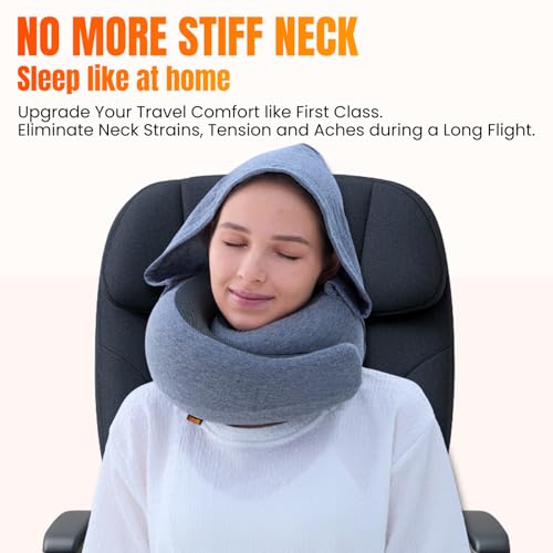 Image of LOEXAIR Hooded Pro Travel Pillow - Memory Foam Neck Support Pillow for Airplane, Flight - Super-Soft Pure Cotton Fabric, Maximum Privacy & Light-Block Design, Lightweight Full Travel Kit - Light Grey