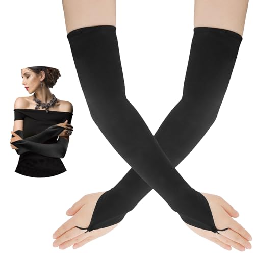 Leislam Guantes Negros Largos Para Mujer, Sin Dedos, Vintage, Halloween, Fiesta De Noche, Satin Gloves, Sun Protection Arm Sleeves, 1 Par