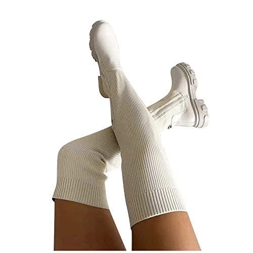 Liuyuetao Plateau-Oberschenkel-hohe Stiefel für Damen Mode Strickleder Spleißen über dem Knie Lange Stiefel Warme Stretchy Slip On Over Slouchy Fitted Winter Hohe Stiefel (White,43) Cover