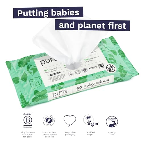 Pura Eco Friendly Baby Wipes, 99% Water, 100% Plastic Free, Biodegradable, Compostable, Vegan, Suitable for Sensitive, Eczema Prone and Newborn Skin, Vegan, 1 Pack of 60 Water Based Wet Wipes - Image 5