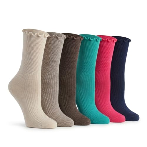 Image of Tipi Toe Women's 6 Pairs Quarter Crew Socks - Lightweight Solid Color Turn-Cuff Ruffle Lettuce Edge Dress Socks, Size 9-11