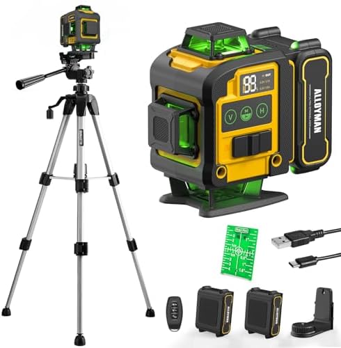 Laser Level with Tripod,Alloyman 4x360° Self Leveling Laser Level,Green Line Laser 4D Laser Leveler Tool with 2Pcs Lithium Batteries for Picture Hanging, Tile, Home Renovation, Indoor