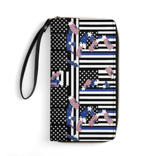 Credit Card Wallets for Women, Zipper Phone Purse Wristlet, Multi-layer Pockets, Travel Ready, Us American Thin Blue Line Flag