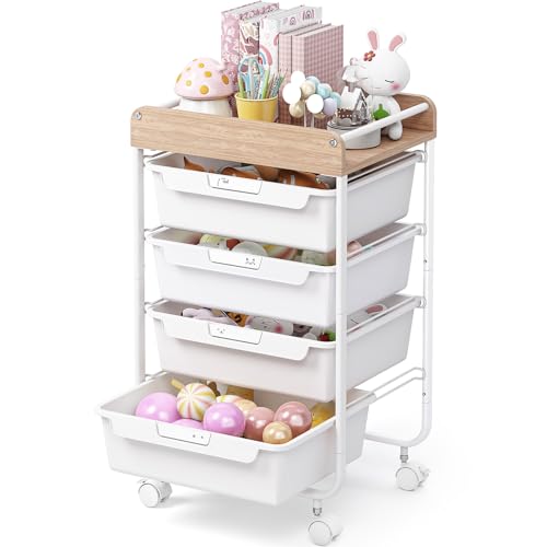 SYKIARIOL Rolling Storage Utility Cart with 4 Drawers,Kids Craft Art Cart,Makeup Organizer and Storage with Wooden Tabletop,White