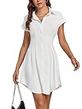 LYANER Women's Pleated Waist Collar Button Down Short Sleeve Mini Short Shirt Dress White Small