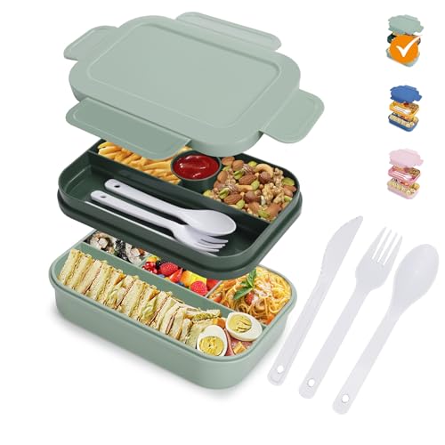 HappyRhino Bento Box Adult Lunch Box for Women - 2000ml Double Layer Leak-Proof, 4+4 Compartment, With Fork & Spoon, BPA Free, Microwave Dishwasher Safe (Green)