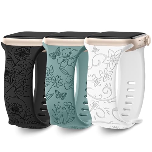 AMSKY 3 Piezas Grabado Floral Compatible con Correa Apple Watch 40mm 44mm 42mm 46mm 41mm 45mm 38mm 49mm Mujer, Correa de Silicona Compatible con iWatch Series 11 10 9 8 7 6 5 4, SE 3 2 1