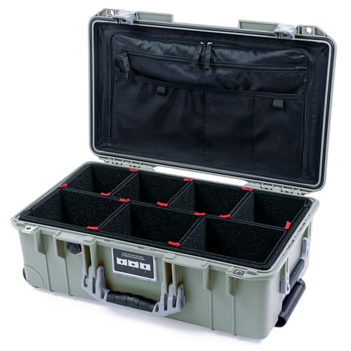 Pelican Air 1535 Carry-On Sage Green - Medium Size Waterproof Case with TrekPak Kit & Combo Lid Organizer - Silver Handles & Latches